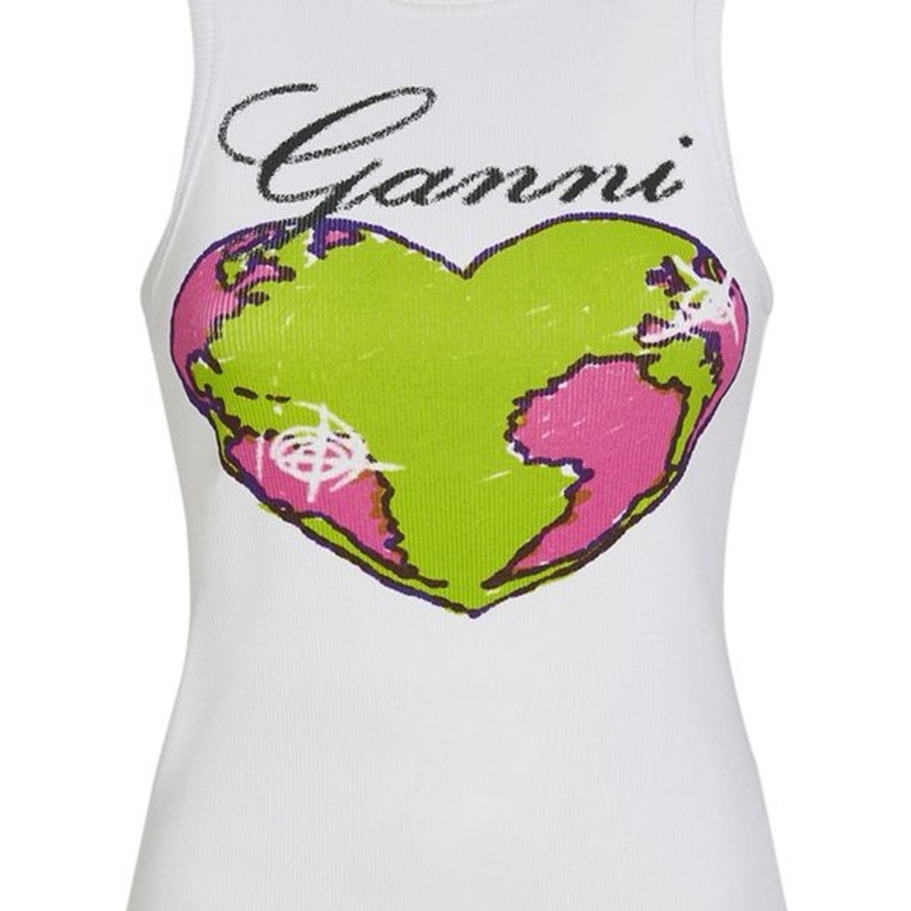 SOLD Ganni White Tank Top with Pink and Green Earth Heart